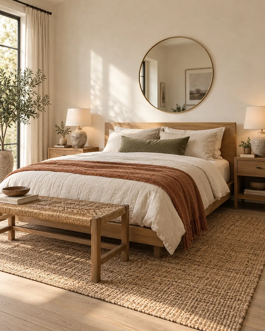 A serene bedroom with an oak platform bed, linen bedding, a clay throw, ceramic lamps and a round mirror